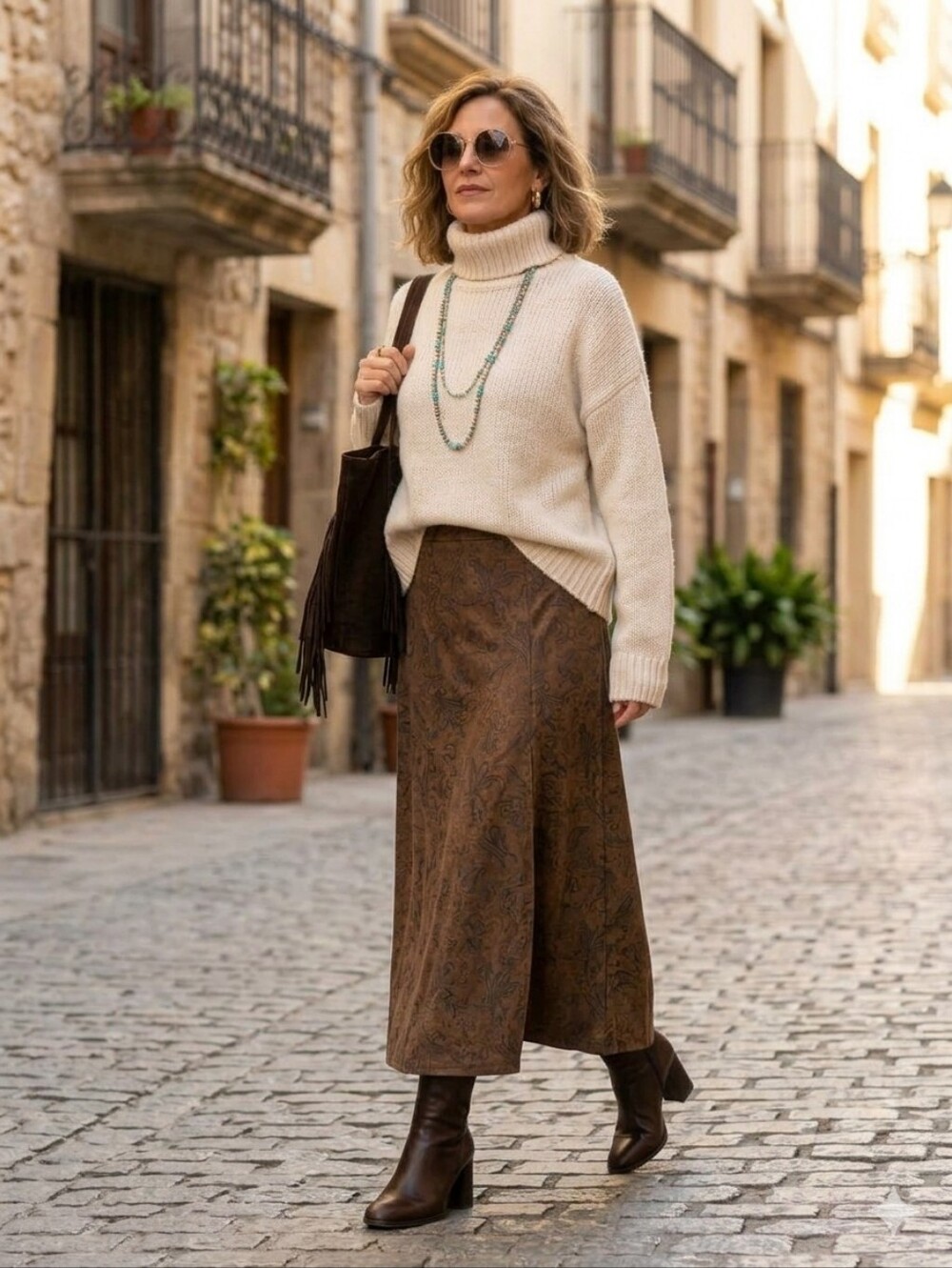 Vintage Christopher & Banks Paisley Faux Suede A-Line Midi Skirt Brown Boho 8